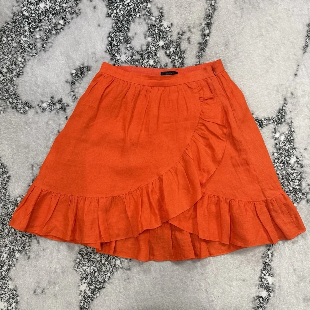 J Crew Linen Wrap Ruffle Skirt Bright Orange Womens Size 2 Vacation Resort Wear
